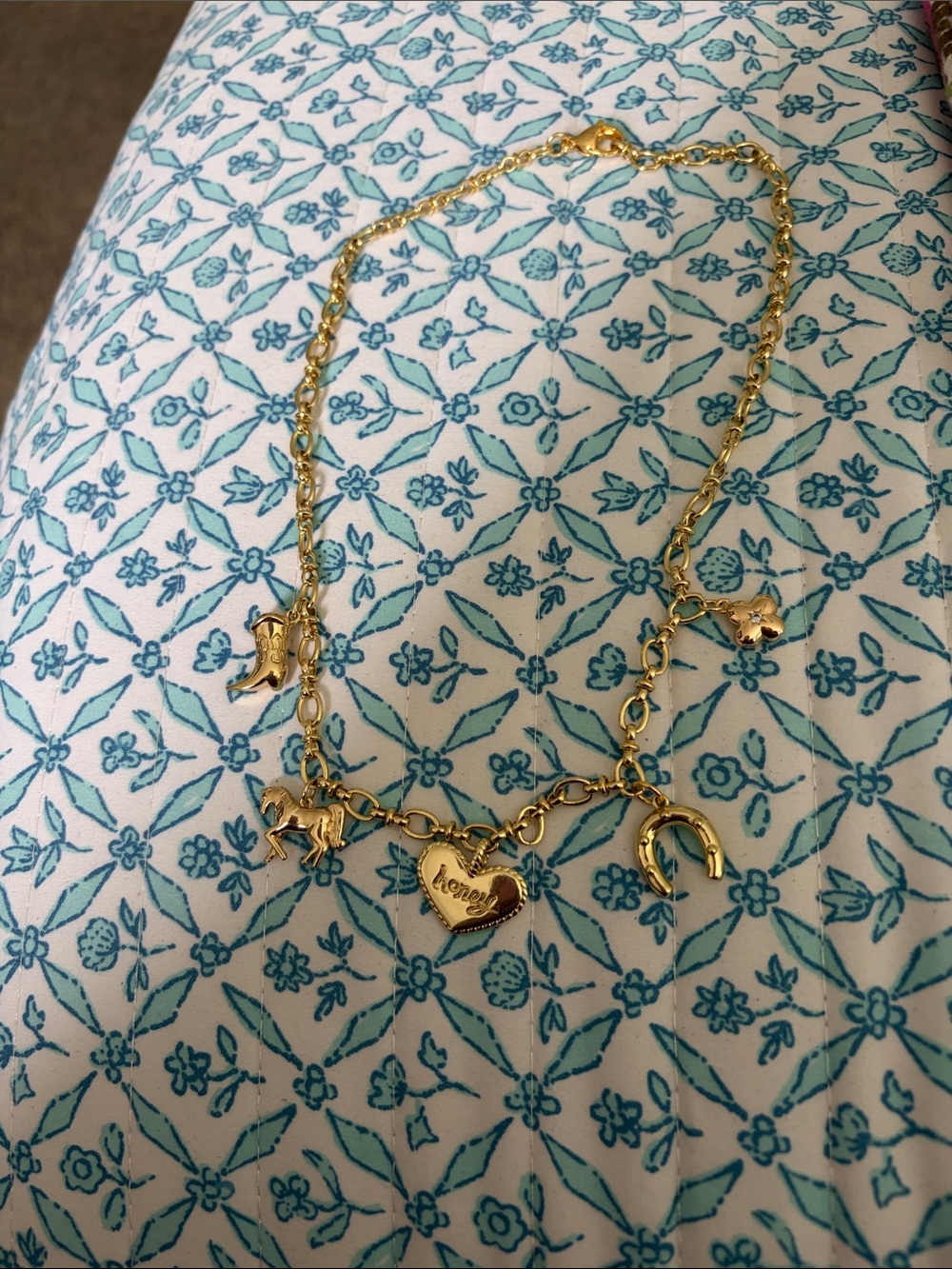 Gold Charm Necklace with Horse, Horseshoe & Heart Engraved, boot, clover.